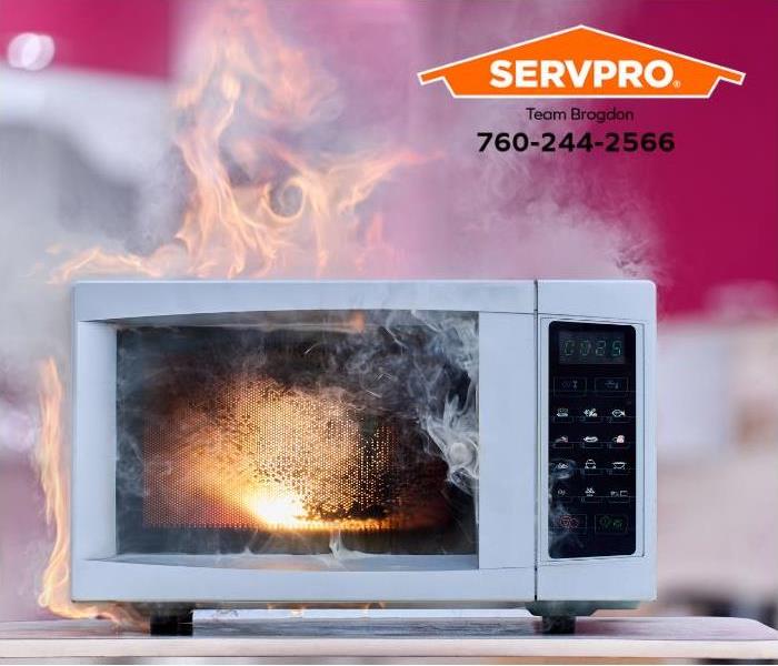 A microwave is shown on fire.